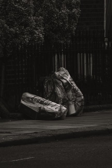 Two large black plastic rubbish bags filled with waste, positioned on the edge of a sidewalk in front of a metal fence with vertical bars and a dark wooden gate. The bags appear crumpled and are likely used for residential rubbish collection, with visible printed text on them, though partly obscured. To the left of the bags, a cardboard box lies flat on the pavement, also filled with waste or debris. Behind the fence, dense foliage from trees or bushes is visible, creating a natural backdrop. The scene is illuminated by natural light, casting soft shadows on the pavement, and suggests an outdoor environment where private rubbish disposal, as handled by Waste Removal Hounslow, might be occurring outside a residence or commercial property. The overall composition emphasizes the typical scene of rubbish awaiting collection, fitting within a context of alternative waste handling services on a suburban or urban street setting.