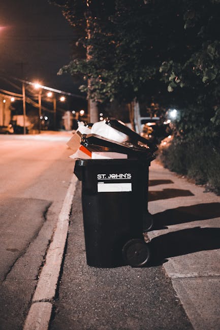 A black wheeled rubbish bin with a white label and the text 'St. John's' printed on it, positioned on the edge of a paved sidewalk next to a street. The bin's lid is open, revealing scattered paper and cardboard packaging inside. The scene is set during nighttime, illuminated by nearby streetlights casting a warm glow, with the background showing blurred streetlights, trees, and parked vehicles. Surrounding the bin are shadows cast by trees and street furniture, indicating an urban residential area. To the right of the bin, dense foliage and shrubbery partially obscure the background, while the pavement and curb are clearly visible in the foreground. The setting suggests an environment where private or alternative waste disposal, such as rubbish collection services like Waste Removal Hounslow, may be utilized for curbside waste management or site-specific waste clearance.